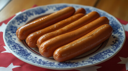 Arranged Hot Dog Sausages on Patriotic Plate