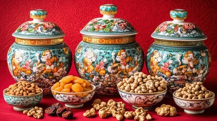 Beautiful ceramic jars and various dried snacks on red table