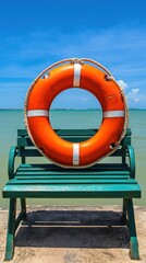 An orange life preserver sits atop a weathered green park bench