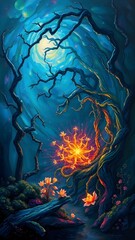 Mystical Forest With Vibrant Glowing Flowers and Twi