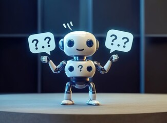 A cute robot holding speech bubbles with question marks on them stands in front of an empty table