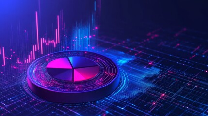 Deep Blue Cybernetic Pie Chart Visualization A high-tech environment with floating pie charts, digital waves, and glowing grid lines, symbolizing advanced data analysis