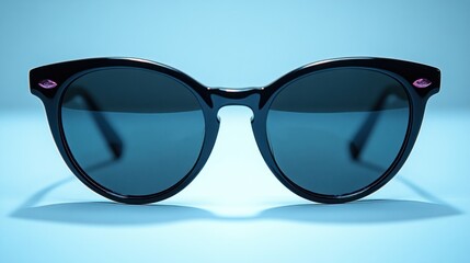 Close-up of black rounded sunglasses on a light blue background.