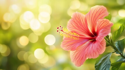 Fototapeta premium Exotic Hibiscus with Tropical Bokeh Effect A stunning hibiscus flower with vibrant petals, surrounded by a softly blurred tropical background with hints of green and golden sunlight bokeh