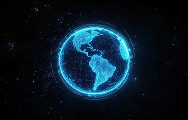 Fototapeta premium A glowing blue planet Earth with light lines and dots on a black background, a futuristic technology video animation background.