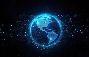 Fototapeta premium A glowing blue planet Earth with light lines and dots on a black background, a futuristic technology video animation background.