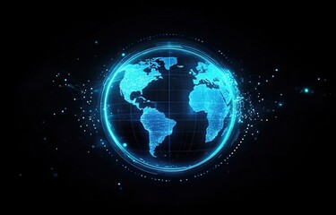 Fototapeta premium A glowing blue planet Earth with light lines and dots on a black background, a futuristic technology video animation background.