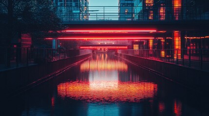 Neon-lit bridge over canal at night. (1)