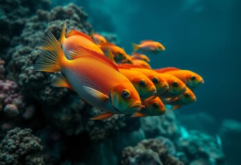 Fototapeta premium A school of vibrant orange fish gracefully swims near a coral reef in the deep ocean, their scales shimmering with a radiant glow, showcasing the beauty of underwater life.