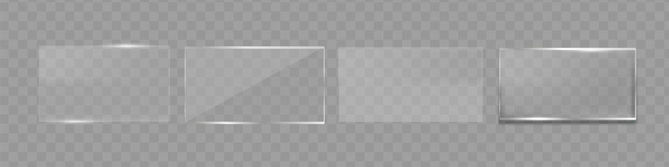 Flat glass plate. Reflection 3d plate, clear mirrors, window. Windows banners on transparent background. Vector. Eps 10