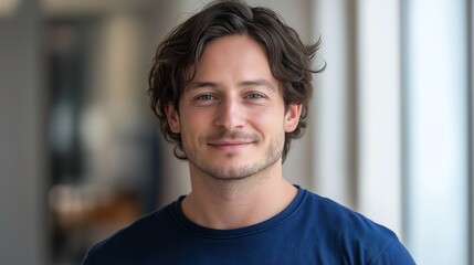 Young man smiling warmly, soft light enhancing his cheerful expression, minimal background.