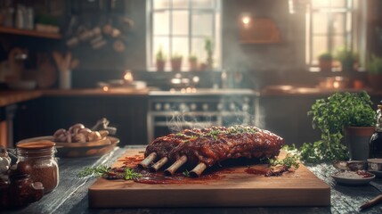 Smoked BBQ Ribs on a Dining Table in a Kitchen  Smoked BBQ ribs served on a dining table with a kitchen background.