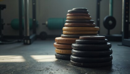 Stack of weight plates in a gym with fitness equipment in the background