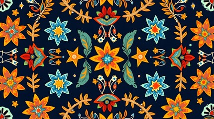 Seamless Floral Pattern with Sunflowers, Leaves, and Decorative Elements, Intricate Botanical Pattern with Sunflowers, Stars, and Nature Motifs, Colorful Seamless Design with Sunflowers, Foliage,