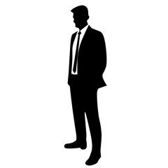 A stylish businessman silhouette standing with one foot crossed, wearing a suit and tie. Represents confidence, leadership, success, corporate professionalism