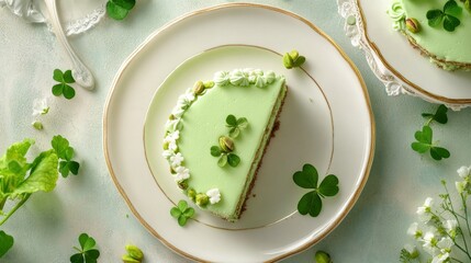 Top View of Green Pistachio Cake with Gold Edging  A slice of green pistachio cake with a gold-tinged border.