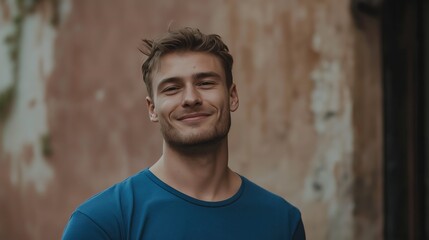 Obraz premium Young man smiling warmly, soft light enhancing his cheerful expression, minimal background.