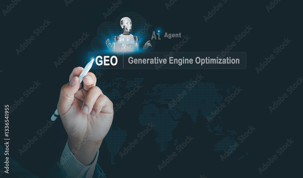 Wall mural geo generative engine optimization concept. businessmen use agentic ai, icons on websites to rank se