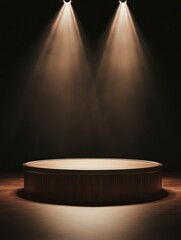 Empty Wooden Podium Under Two Spotlights Against a Dark Background