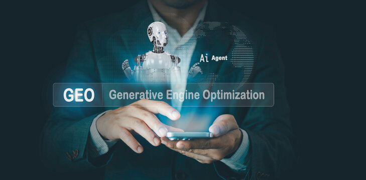 GEO generative engine optimization concept. Businessmen use agentic Ai, icons on websites to rank search engines, Search with assistants Artificial Intelligence data technology from internet network