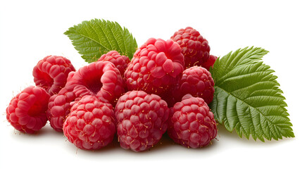 Fresh raspberries with vibrant red color and green leaves create delightful and healthy snack