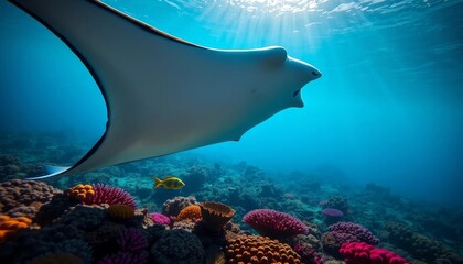 Majestic Manta Ray Gliding Over Vibrant Coral Reef in Sunlit Ocean Depths