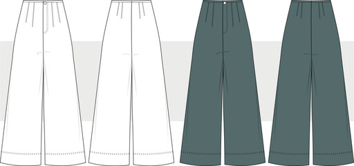 Women pleated darted wide leg palazzo pant trouser template technical drawing flat sketch, illustration, vector. Front and back view, cad, mockup.
