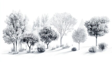 Obraz premium Monochrome sketch of various trees and shrubs on a white background.