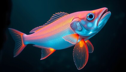 Fototapeta premium Vibrant Aquatic Creature with Glowing Fins and Scales, a Stunning Underwater Portrait