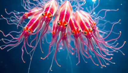 A cluster of vibrant, bioluminescent cephalopods with slender, elegant tentacles gracefully sway in a deep ocean current.