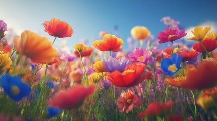 Obraz premium A vibrant field of colorful, diverse flowers in full bloom, featuring a wide array of poppy-like blossoms in shades of orange, red, pink, yellow, purple, blue, and white