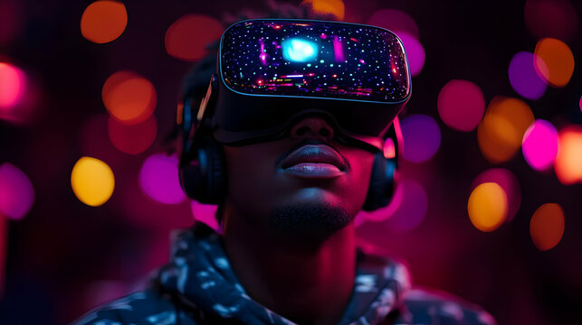 Young man immersed in VR experience exploring virtual reality metaverse futuristic technology innovation digital world