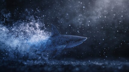 Cybernetic Shark Surrounded by Blue Digital Particles in a Dark Ocean Environment