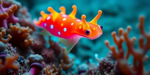 Vibrant Orange Marine Creature Among Coral Reefs, Displaying Unique Appendages and Striking Coloration