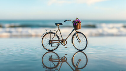Obraz premium Two bikes on beach against ocean waves,Bike on the background of the sea. Bike ride through the forest,A miniature vintage bicycle with intricatel detailing and a small front basket carrying a bou