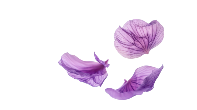 Three purple flower petals falling on transparent background