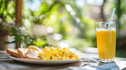 Fototapeta premium Outdoor breakfast setup with scrambled eggs, toast, and fresh orange juice.