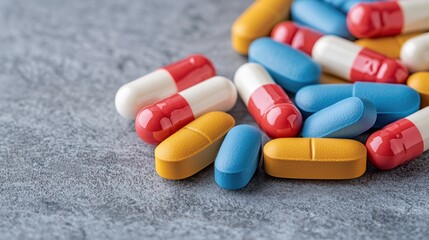 A colorful assortment of capsules and tablets scattered on a textured surface, showcasing various shapes and colors.