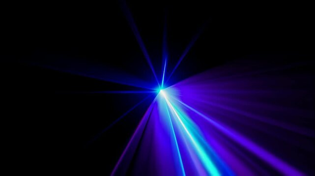 Blue bright light beams on black background. Blue rays of light radiate from a central point,  dynamic  animation. abstract light blue star space burst 