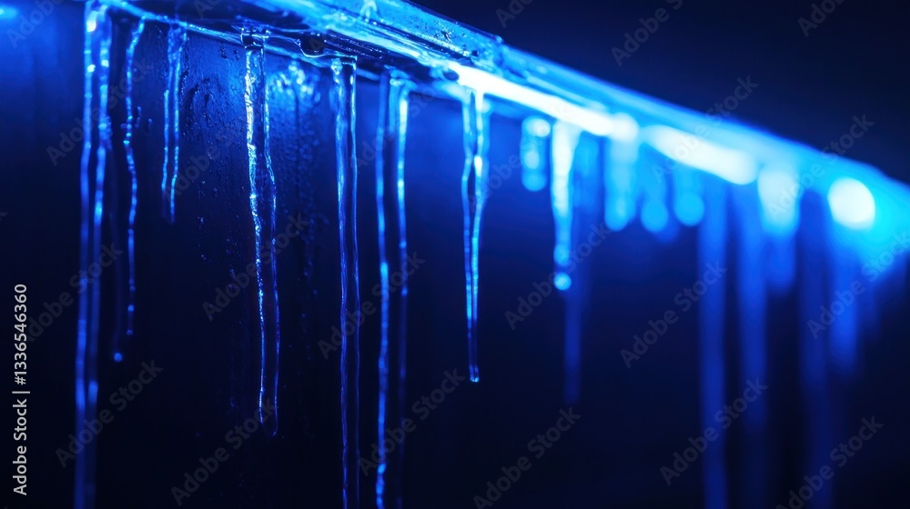 Poster close-up of illuminated icicles hanging from a surface at night.