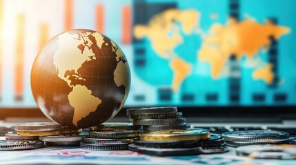 A globe sits atop stacks of coins, symbolizing global finance and economic trends in a visually engaging manner.