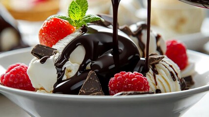 Delicious dessert with chocolate sauce drizzling over ice cream and fresh berries at a modern dessert parlor - Powered by Adobe
