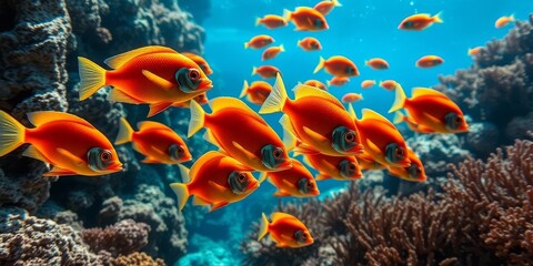 Naklejka premium A vibrant school of orange fish gracefully swims through a coral reef, showcasing the beauty of underwater life.