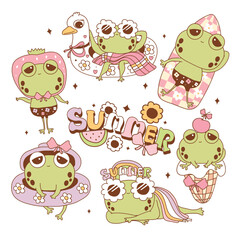 retro groovy frog in summer elements isolated on white background. vector illustration.