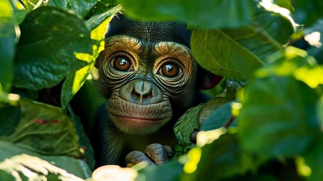 Curious baby monkey peers through dense green foliage in a vibrant jungle setting during daylight