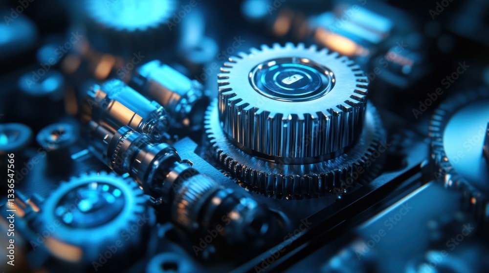 Aufkleber close-up of intricate metallic gears and components, illuminated with blue light, showcasing precisi