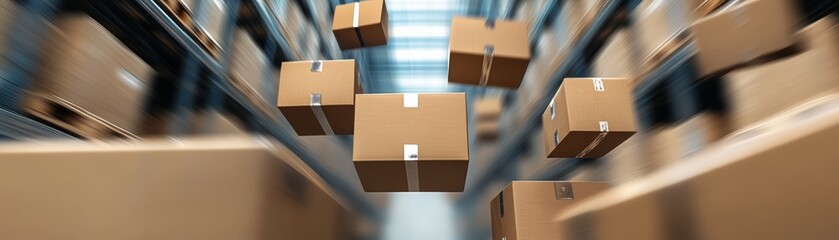 A dynamic view of cardboard boxes in motion within a warehouse, showcasing an efficient logistics operation.