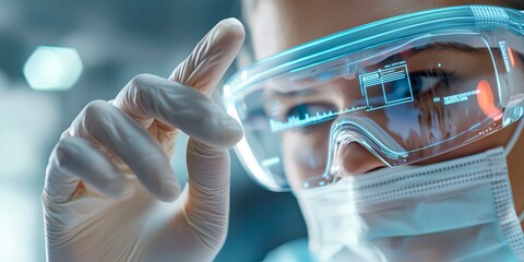 Healthcare Innovation and Medical Technology with Doctor Concept. Scientist in Safety Glasses Using Digital Technology