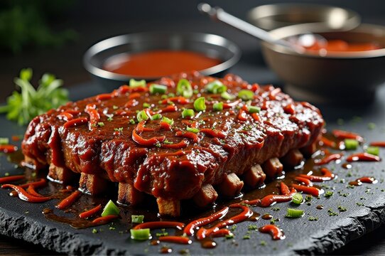 Delicious barbecue ribs with rich sauce and green onions on slate plate