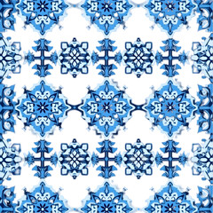 Blue and White Portuguese Tile Pattern  Seamless Texture  Azulejo Design  Floral Ornament